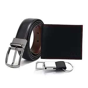 Relish Black Combo Pack of Leather Wallet, Keychain & Belt Gift Set for Men's & Boy's