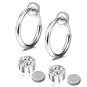 Via Mazzini No-Tarnish No-Rusting Clip-On 6mm Magnetic Stud And 13mm Silver Hoops Combo For Non-Pierced Ears For Men And Women (ER2571) 2 Pairs