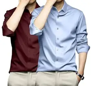 DEELMO Combo of Men's Stylish Solid Satin Casual Shirt for Men Full Sleeves| Poly Satin Silk Shirt Pack of 2