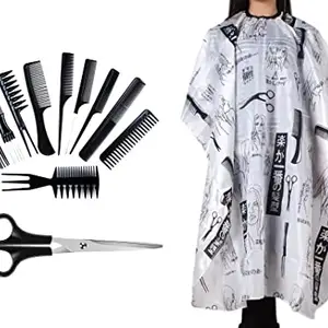 Adhvik Combo Of Professional Hair Styling Combs And Scissors Set With Printed Unisex Nylon Hair Cutting Sheet Hairdressing Gown Cape Barber Cloth Makeup Apron