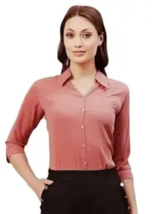 Women Formal Cotton Blend Poplin Shirt | Slim Fit Solid Plain 3/4 Sleeve