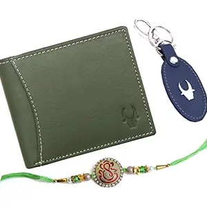 WildHorn Rakhi Gift Hamper for Brother - Classic Men's Combo/Gift Set of Leather Wallet, Keyring and Rakhi for Brother (Green)