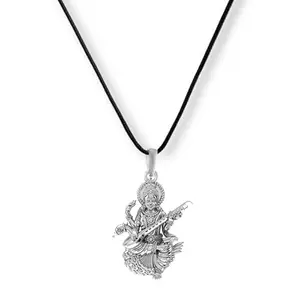A AKSHAT SAPPHIRE Sterling Silver (92.5% purity) Goddess Maa Saraswati Pendant for Men & Women Pure 925 Silver Lorddess Maa Saraswati Locket with Black Thread (29MM)- EVE_PB7282