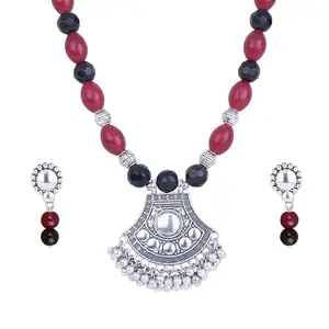 JFL - Jewellery for Less Fashionable Silver Plated German Oxidized Pendant Black Onxy and Maroon Beaded Handcrafted Necklace Set for Women Girls with Adjustable Thread Closure
