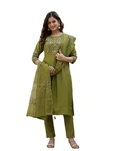 SAMRAGNI Women’s Pure Viscose Mango Silk Kurti Set | Multi Embroidery Sequins with Hand Work | Maslin Silk Embroidered Dupatta