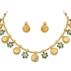 JFL - Jewellery for Less Gold Plated Floral Green Stone Studded Laxmi Necklace Set with Adjustable Thread for Women and Girls (Green),