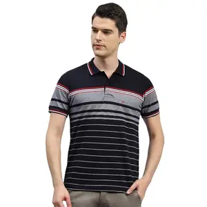 Monte Carlo Mens Navy Blue Striped Polo Neck Half Sleeve Regular Fit T-Shirt (224064267-1-42)