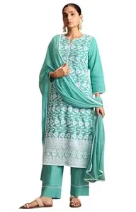 DRESOUL Women Pure Cotton Schiffli Embroidered Kurta Set with Pants Inner and Dupatta