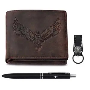 URBAN FOREST Zev Vintage Brown Leather Wallet, Black Pen & Keychain Combo Gift Set for Men