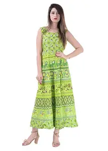 Monique Brand Women's Long Jaipuri Traditional Printed Midi Maxi Dress (HATHI-BARAT-PG14__Free Size__) Parrot Green
