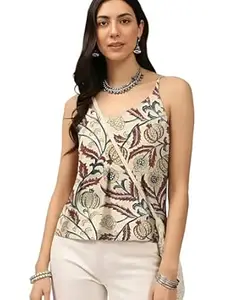 Pinkmint Women Pure Cambric Cotton Printed Peplum Top | Sleeveless Spaghetti Strap Summer Casual Top for Women & Girls
