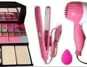 Women's & Girl's TYA 6155 MulticoloUr Makeup Kit with 1 Mini Hair Straightener, 1 Hair Dryer and 1 Pink Beauty Blender - (Pack of 4)