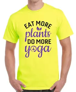 Caseria Men's Cotton Graphic Printed Half Sleeve T-Shirt - Plants More Yoga (Lemon Yellow, L)