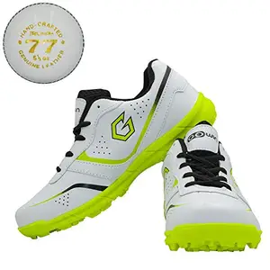 Gowin Academy White/Green Cricket Shoes Size-11 Kids with TR-77-W Cricket Leather Ball Veg Tanned White