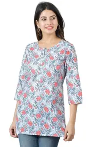 KAVERI KREATIONS Beautiful Flower Printed Short Kurti Cotton Top for Women & Girls Grey Color (XXL 44)