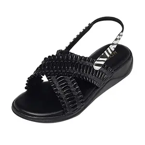 MONROW Aliza Leather Flat for Women, Black, UK-6 | Casual & Formal Sandals | Stylish, Comfortable & Durable | Occasion Wear
