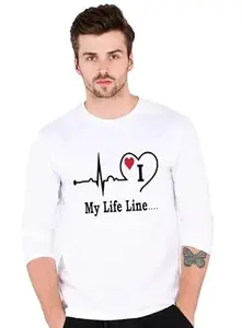 Think FAB Presents Printed Full Sleeves White Round Neck T-Shirt My Life Line I