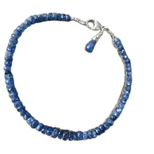 LKBEADS Unisex blue sapphire 4mm, 46 Pieces rondelle faceted beads 7 inch stacking bracelet with 925 sterling silver - silver plated clasp