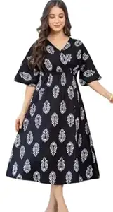Prajapati fashion Women's Cotton Blend Maxi Midi Dress Western Dress for Women Elegant Floral Printed Long Dresses