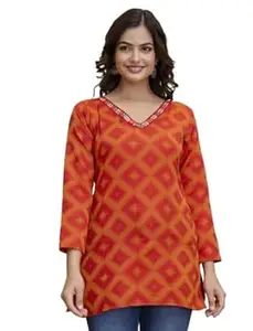 MAPHAZ Women Patola Red Kurta with Embroidered V-Neck Straight Fit, Ethnic Kurti