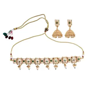 Bling Bansuri Jewels Rajwadi Tradional Choker Traditional Necklace Set for Women and Girls (Green)