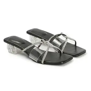 AUSTINE Women Stylish High Heels Sandals | Comfortable Block Heel Slip-On | Fashion Footwear for Women & Girls Black