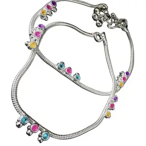 Silver-Plated German Silver Anklets with multi color Charms, 24 cm Length, Contemporary Style, Non-Adjustable, Set of 2-9Inch