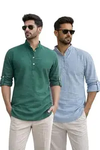 Bahumaan Pure Cotton Short Kurta for Men with Chinese Collar and Roll-Tab Sleeves | Solid Kurta Shirt for Men for Casualwear and Daily Comfort
