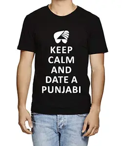 Caseria Men's Round Neck Cotton Half Sleeved T-Shirt with Printed Graphics - Date A Punjabi (Black, SM)