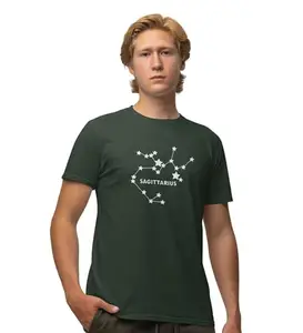 RESELLBEE Sagittarius Stars (BG White) Green Round Neck Cotton Half Sleeved T-Shirt with Printed Graphics