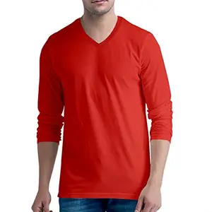 Pooplu Men's Regular Fit Plain 100% Cotton V Neck Full Sleeves Multicolour Pootlu T Shirt. Casual, Trendy, Stylish Tshirts and Tees.(Oplu_Red_Large)