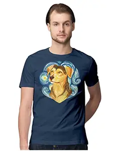 ALLEN BLACK Men's Regular Fit T-Shirt Dog - Van Gogh - Post Impressionism 100% Cotton T-Shirt Navy Blue_DOGGOMEN-Navy Blue XL Men Round_