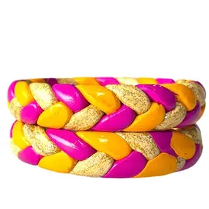 Aaroz and Company Handmade Jaipur Lac Bangles - Yellow, Hot Pink, Cream with Golden Zari Work | Ponytail Style | Aaroz & Company (2.6)
