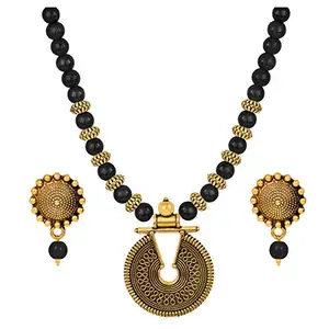 JFL - Jewellery for Less Gold Black Beaded Necklace set Keyhole pendant design adjustable length designer set for women & girls,Valentine