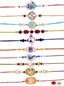 Mahi Premium Rakhi for Brother Set of 10 Traditional & Spiritual with Roli Chawal & Greeting Card | Elegant Rakshabandhan Rakhis for Bhai, Bhaiya, Bro (RCTO1105858G)