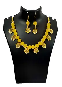 Metal Oxidised Gold-Plated Charm With Beaded Necklace With Earring Partywear Jewellery Set For Girls And Women (Yellow)