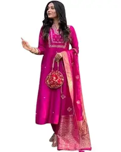 ISHA CREATION WORLD Women's Viscose Silk Heavy Embroidered Straight Kurta with Trouser & Banarasi Jacquard Dupatta Set