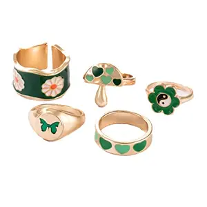 Vembley 5 Pcs Green Flower Heart Butterfly Mushroom Ring Set For Women And Girls