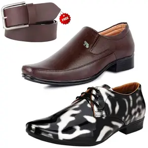 Latest Formal Shoes/Party Shoes/ 2 Shoes Combo with Free Belt for Men and Boys (BAZAAR8737_VTR01-Blk-Slvr-2006-Bdr) Multicolor
