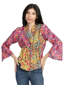 SHAYE Collarless Fuchsia Floral Three-Quarter Sleeves Casual Shirt for Women