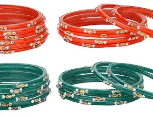 Somil Combo Of Party & Wedding Colorful Glass Bangle/Kada, Pack Of 24, Orange & Green