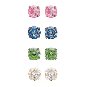 STUDEX 4 Pair Combo Allergy Free Stainless Steel And Gold-Plated Ear Studs (Cubic Zirconia - Neon, Princess Cut)