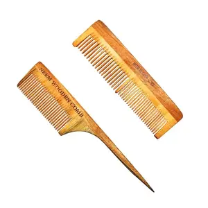 BlackLaoban Handmade Wooden Combs Big Size Kacchi Neem Wood Comb Set - Neem Comb Combo For Men & Women Hair Growth - Pack of 2 - Anti Dandruff, Detangling Hair Fall Control Kanghi Tail Comb & Dual Tooth