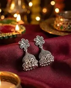 1 LOOK Traditional Oxidised Jhumka Earrings, German Design, Square Stud with Dome and Bead Danglers, 5 cm Length, 2 Pieces