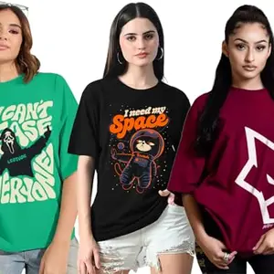 LEOTUDE Women's Oversized Round Neck Half Sleeve Cottonblend Tshirt (GRL_FS49_PO3_WMN_29P_Multi_Color_117_S)