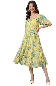 Janasya Women's Yellow Georgette Floral Print Flared Western Dress(J0433, XS)