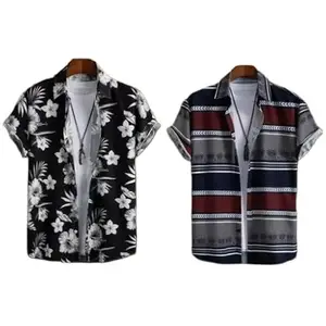Mens Hawaiian Floral Print Short Sleeve Button Down Shirt, Black and White, Summer Beach Casual Style (in, Alpha, S, Multi 3)