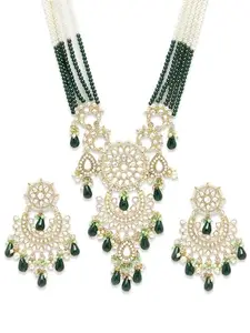 Karatcart Gold Plated Green Drop Beads Kundan Rani Haar Necklace Set for Women