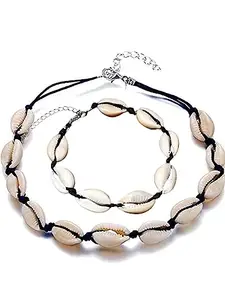 OOMPH Jewellery White & Black Sea Shell Bohemian Beachwear Fashion Choker Necklace & Anklet For Women & Girls Stylish Latest (AS2S2NYJ110_AOR1)