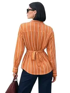 MULVARI Solid Button Up Drop Shoulder Striped Print Back Drawstring Casual Long Sleeve Shirt for Women's & Girl's